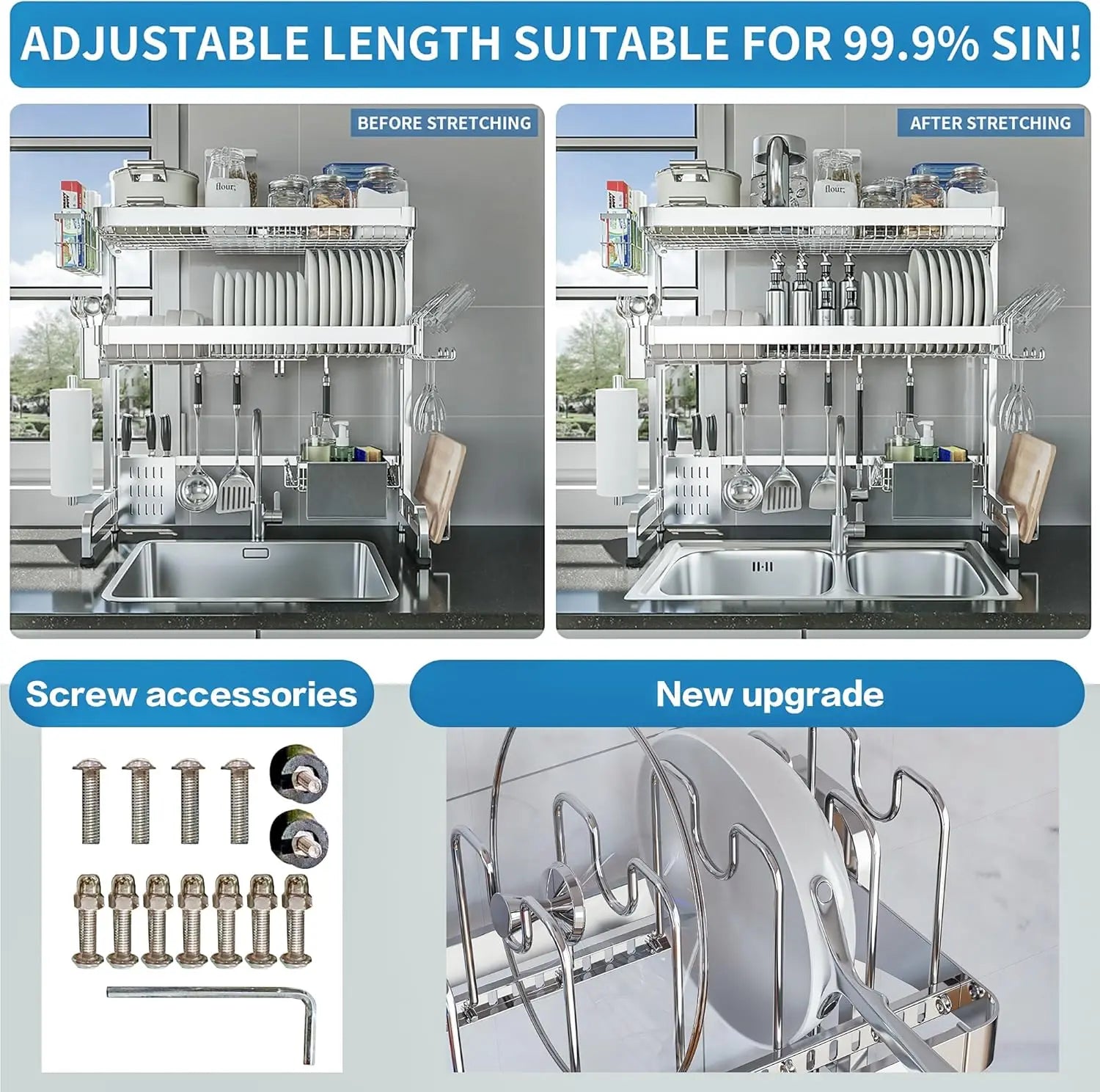 3-Tier Adjustable Stainless Steel Over-Sink Dish Drying Rack,
