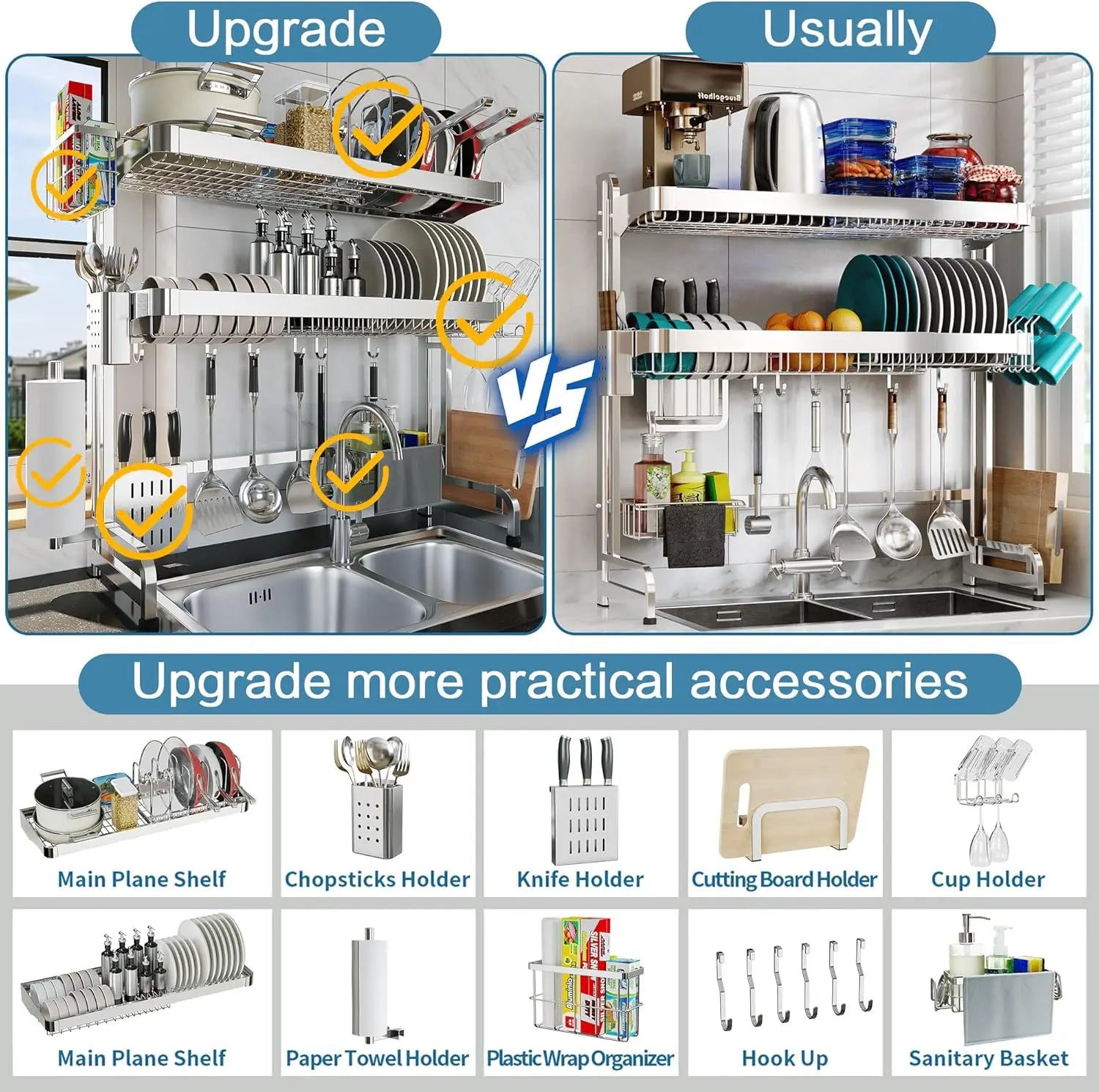 3-Tier Adjustable Stainless Steel Over-Sink Dish Drying Rack,