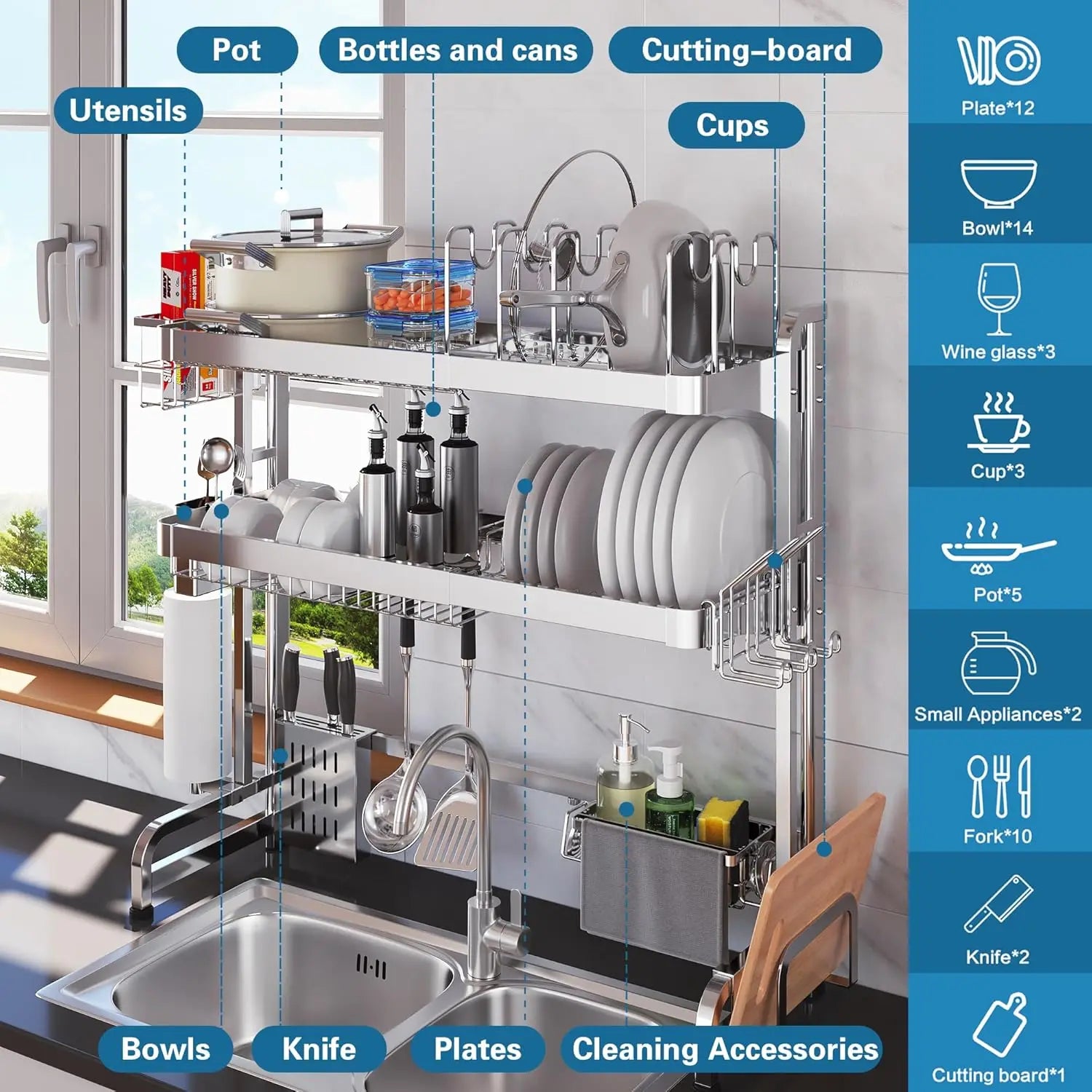 3-Tier Adjustable Stainless Steel Over-Sink Dish Drying Rack,