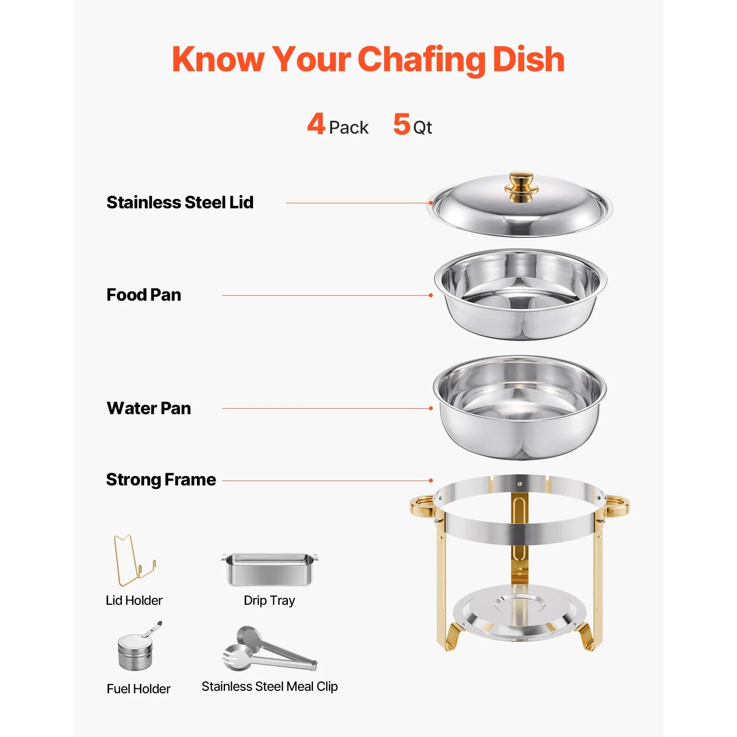5 Qt 4 Pack Chafing Dish Buffet Set Stainless Steel