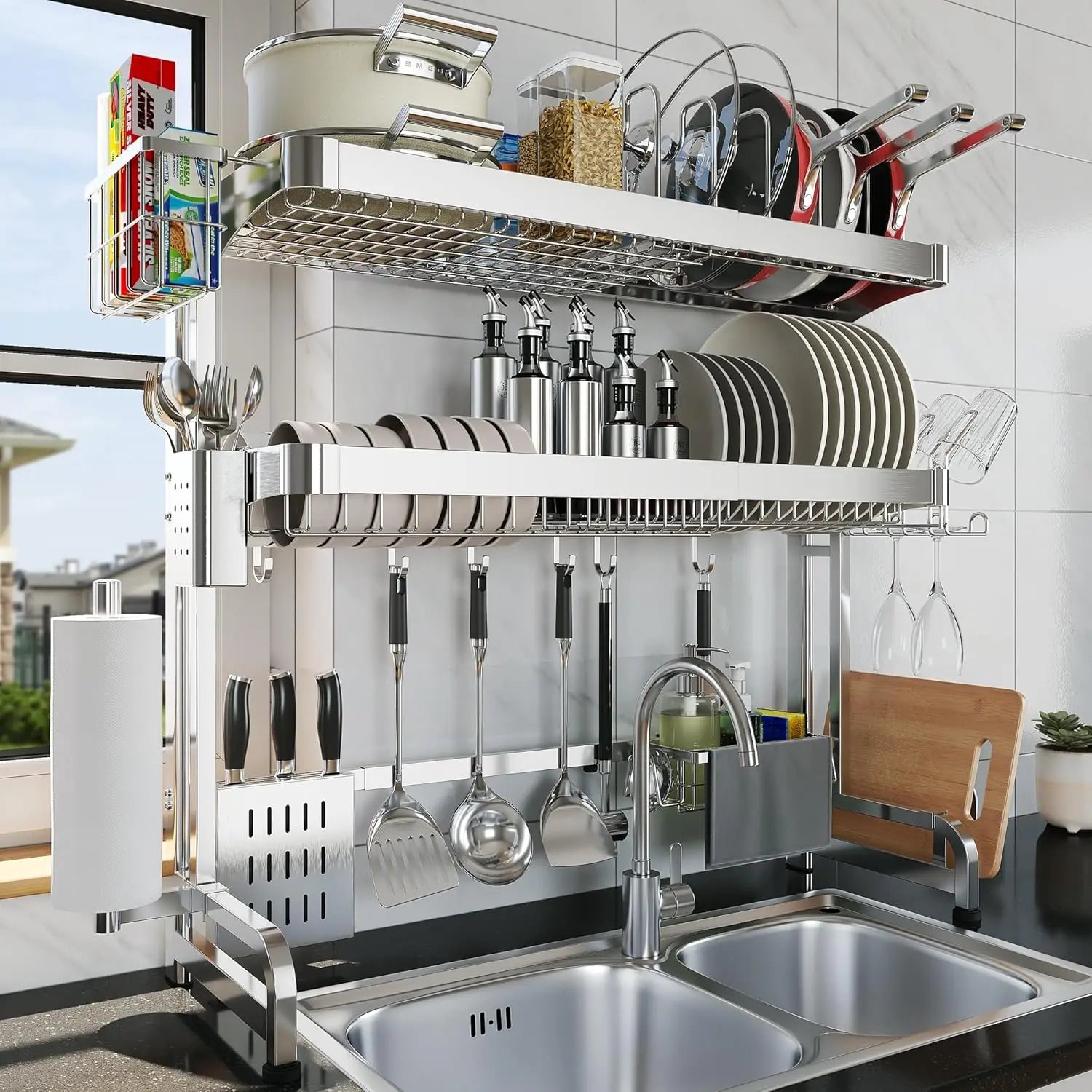 3-Tier Adjustable Stainless Steel Over-Sink Dish Drying Rack,